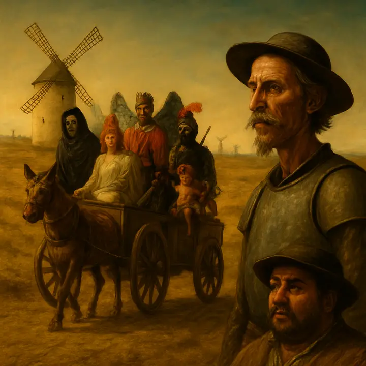 A strange open cart crests the hill in a grotesque, colorful pageant—Death with a human face, an angel with painted wings, an emperor crowned in gold, Cupid with bow, a plumed knight, and a hideous devil driving the team—all frozen for a beat against the sky. Don Quixote and Sancho watch from the roadside as the carter explains they are travelling players bound for the Corpus Christi play, the odd procession glittering and uncanny in the bright afternoon.