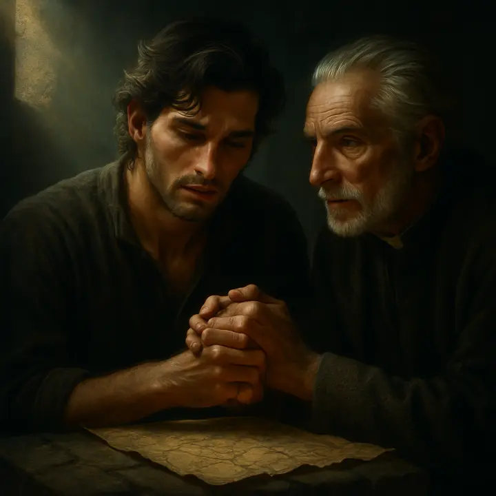 Edmond Dantès speaks with sorrowful resignation, declaring that his true treasure is Abbé Faria's companionship and the knowledge Faria has imparted, not the gold beneath Monte Cristo. Days pass quickly as they share lessons and conversation; Faria, now paralyzed in an arm and a leg, obsessively plots an escape for Dantès and forces him to memorize the treasure map before destroying the second portion.
