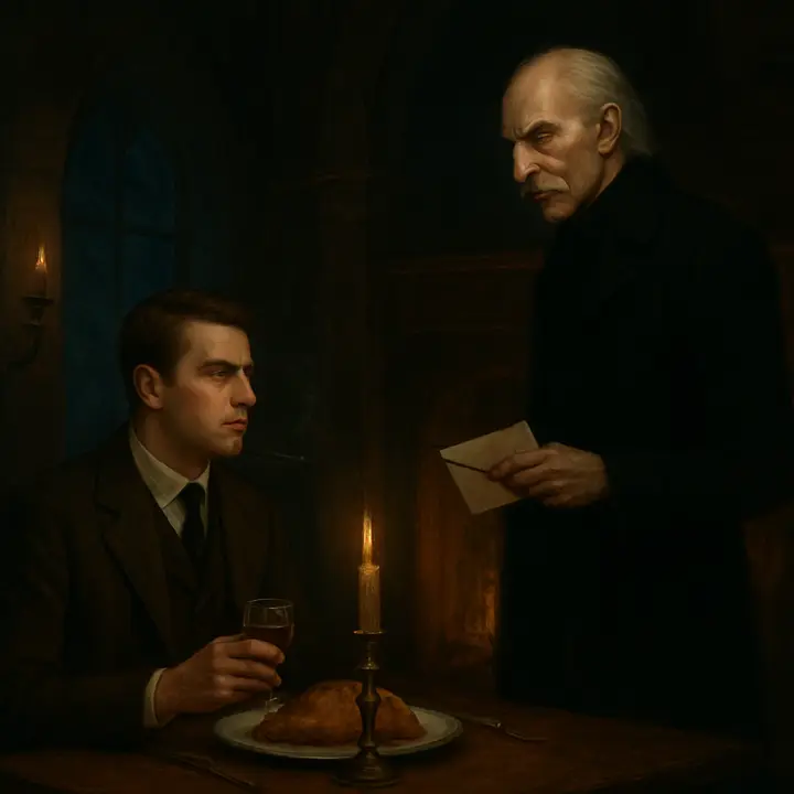 A blazing log fire warms a well‑lit room where a table set for supper awaits; Jonathan eats roast chicken, drinks Tokay and smokes while the Count stands by the hearth reading a sealed letter. The Count’s marked physiognomy—aquiline nose, lofty forehead, heavy moustache—looms as he shows a strange courtly manner and a cruel curl of the lips.