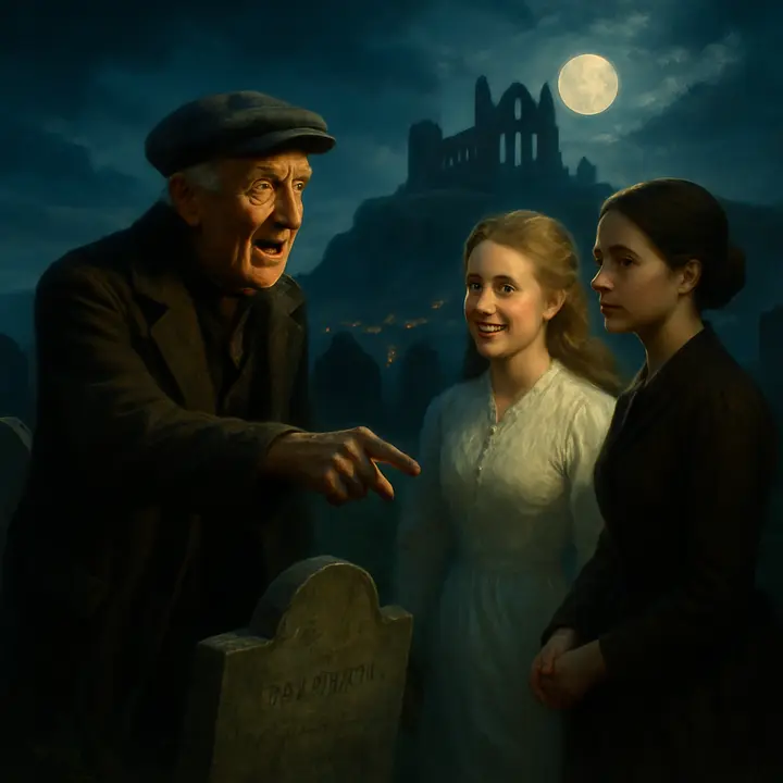 Mr. Swales, pompous and theatrical, stands among the tombstones declaiming against superstition, reading inscriptions aloud and jeering at the 'lies' carved in stone as Mina and Lucy listen. The old men's faces glow with rugged amusement while Lucy, in white lawn, blushes and wins their admiration, the graveyard wind whipping her dress.