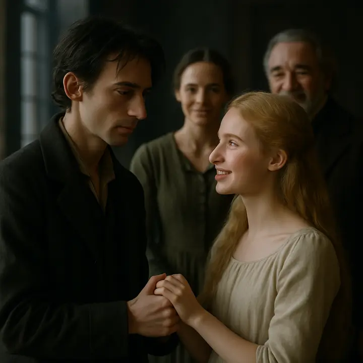 The villa hall: the fair orphan and the young Victor playing together like inseparable companions while Caroline Beaufort and Alphonse Frankenstein watch with tender, proud smiles; Caroline presents Elizabeth with affectionate ceremony, and Victor, solemn and possessive, clasps her hand as though accepting a 'gift' of love and protection.