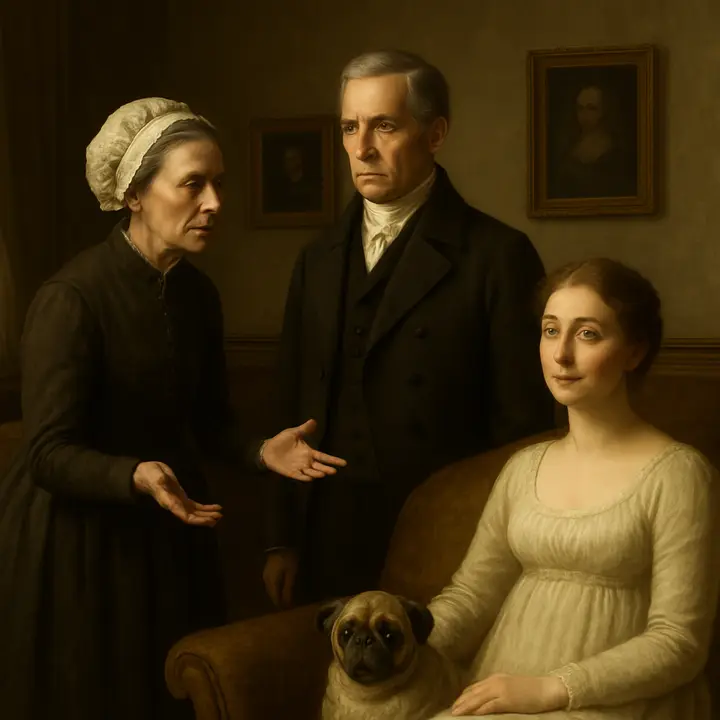 The Saloon at Mansfield: Lady Bertram sits placidly on a faded sofa while Mrs Norris, loud and officious, lectures about arrangements with exaggerated magnanimity; Sir Thomas Bertram stands stiff and dignified, listening and weighing the responsibility. There is an air of polite benevolence threaded with condescension — Mrs Norris craving credit, Sir Thomas trying to appear just and cautious, Lady Bertram serene and detached.