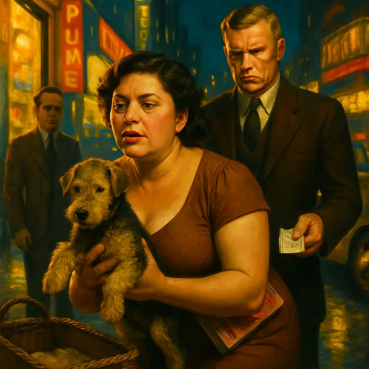 Bright Manhattan storefronts and noisy streets swallow Myrtle as she fusses over appearance — changing into a tight brown muslin, buying perfume and gossip magazines — while Tom stands nearby, impatient and possessive. She kneels over a basket of puppies, hands tangled with the shabby airedale she chooses for ten dollars, flushed with material joy as Tom tosses money. The gaudy city glare and perfume-scented air feel both seductive and tawdry.