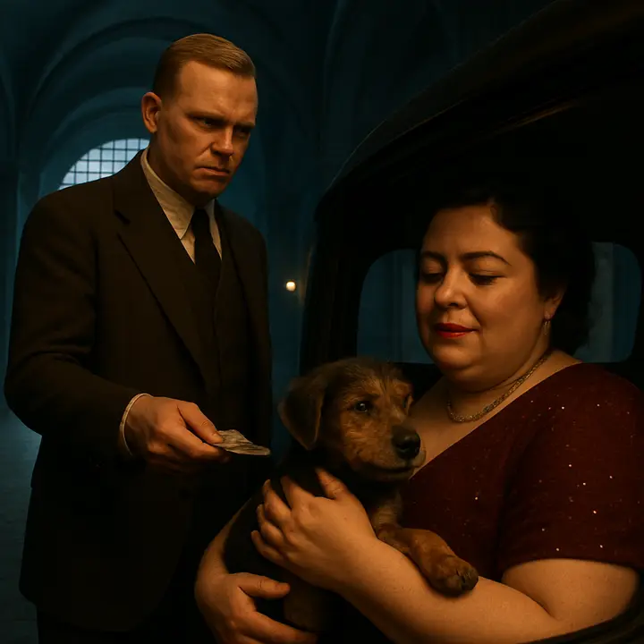 At Pennsylvania Station and just outside it, Myrtle, newly changed, fusses with purchases at a newsstand and then insists on a taxi; in the street a shabby old man sells a basket of wriggling puppies. In the close, she cradles an Airedale-type pup in her lap with rapturous, almost childlike delight as Tom tosses money and Nick looks on, slightly bemused.