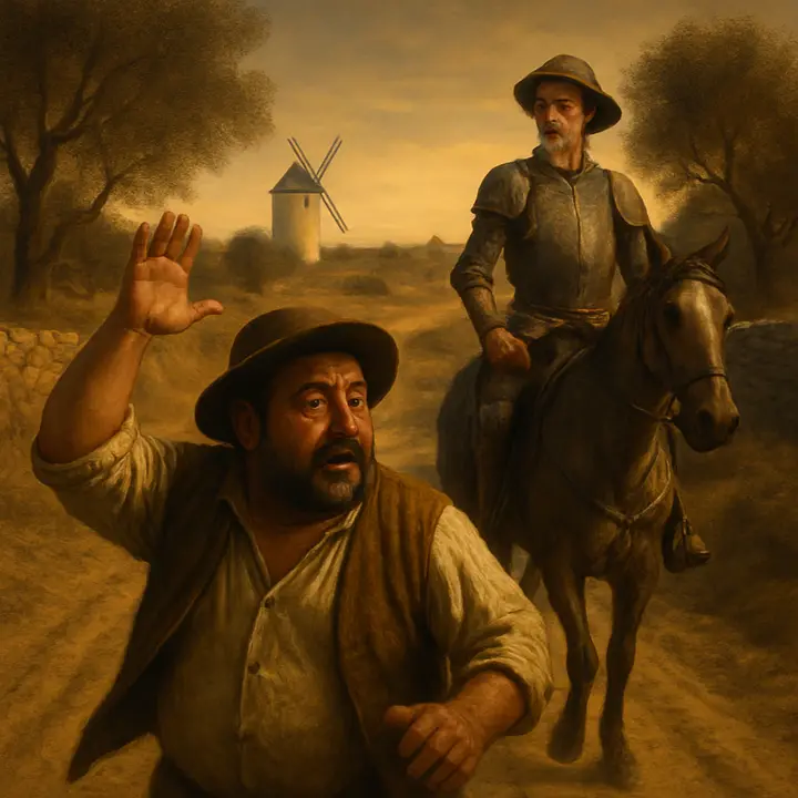 A wide, sunlit sweep of the plain as Sancho suddenly leaps up, spotting three figures approaching from the direction of El Toboso; he runs back toward his master in triumph, wildly gesturing and shouting that Dulcinea and her damsels are coming. Don Quixote, still brooding on his horse, looks up startled and alert, hopeful and incredulous in the same instant.