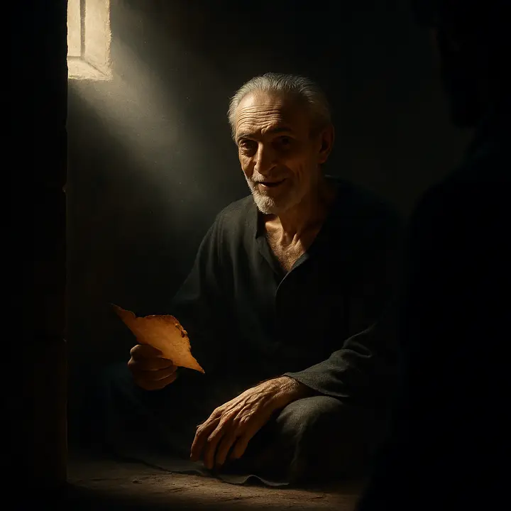Faria sits up as a visitor's shadow falls across the cell threshold, deliberately controlling his gestures to conceal paralysis — he smiles faintly, feigning a slight indisposition while inwardly terrified of separation.