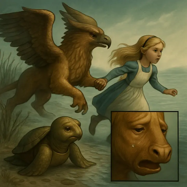 A distant cry of 'The trial's beginning!' cuts through the air as the Gryphon grabs Alice's hand and pulls her to her feet, dashing away in urgent motion; the Mock Turtle is left behind, still singing 'Beautiful Soup' with a sob in his voice as his song fades on the breeze. The shoreline recedes in the background, the mood shifting from lament to sudden, breathless hurry.