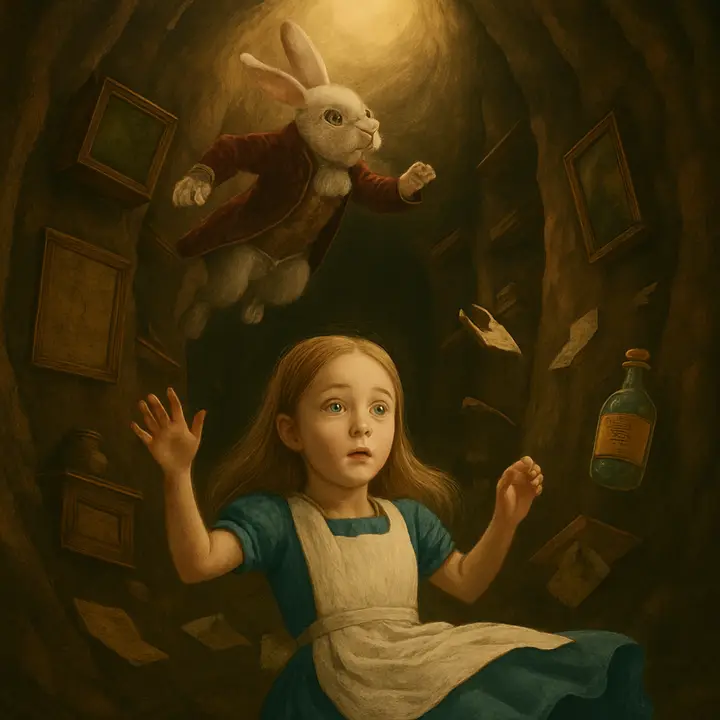 Alice tumbling down a seemingly endless rabbit-hole lined with shelves, clocks, maps and a bottle labeled "DRINK ME," bits of furniture and papers spinning around her as she stares wide-eyed. Far above, the White Rabbit's white-gloved hand and flurried jacket are visible as he hurries away through a shaft of light, giving the fall a vertiginous, dreamlike quality.