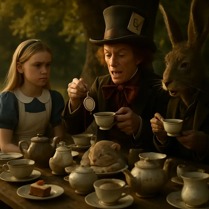 At a long outdoor table under a tree the Mad Hatter and March Hare bicker endlessly over teacups while a dozing Dormouse is smothered between saucers; Alice sits opposite, exasperated, as time-stained teapots and tilted cups create a tableau of perpetual tea-time. The Hatter tosses riddles, dips a battered watch in tea, and the trio trade places in chaotic, comic motions while the Dormouse mumbles a nonsensical tale in its sleep.