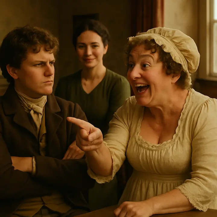 The conversation breaks into a comic squabble as a young Lucas boy boasts that, if rich like Mr. Darcy, he'd keep foxhounds and drink a bottle of wine every day; Mrs. Bennet, affronted and officious, points a finger and threatens to take the bottle away, while Charlotte and Maria Lucas exchange amused, tolerant looks. The scene captures the household bustle and domestic comedy as the argument fizzles out with good-humored disorder.