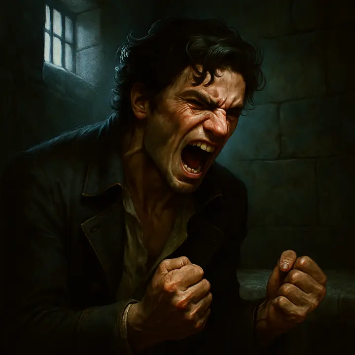 A violent outburst: Edmond, hair dishevelled, lashes out at the walls and strikes the bed in blind fury, his face contorted as he utters blasphemies. The cell seems to close in on him as every small irritation sends him into paroxysms of rage.