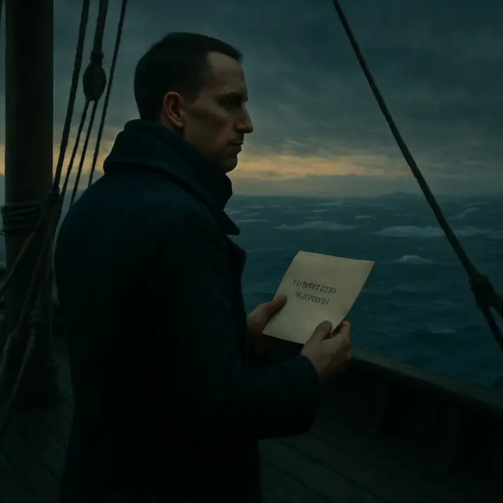 At twilight on his ship's deck, Robert Walton grips a letter addressed to Margaret Saville while staring toward a vast horizon of mist and low polar light; the ropes and mast frame his lonely silhouette, the promise of unexplored ice-fields beyond. The small, planted reference to the 'Ancient Mariner' lingers in his expression—equal parts eager, fearful, and tender for the sister reading his words.