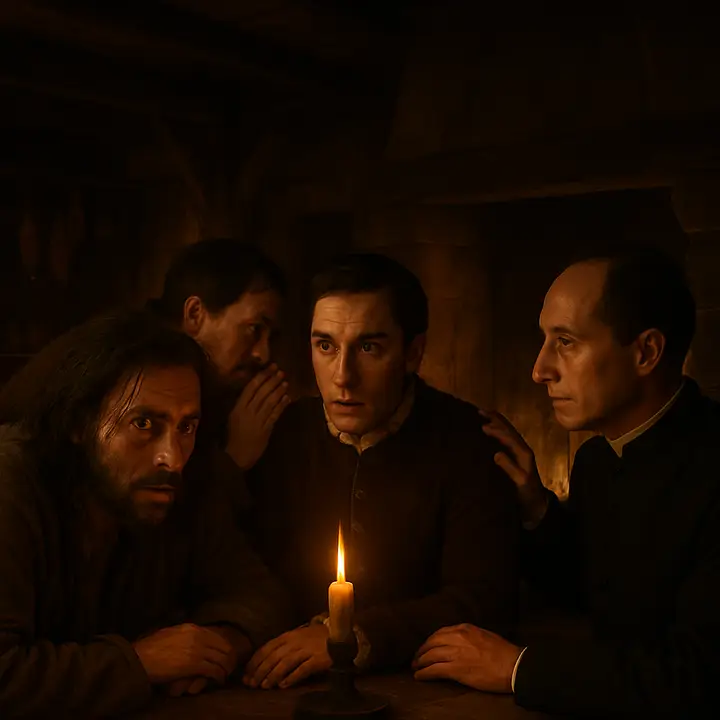 In a shadowed corner the captive leans forward, heart racing, as a servant reveals the visitor's name; he slips aside to whisper the news to Don Fernando, Cardenio and the Priest, faces pale with sudden hope and fear. The men exchange furtive glances and the Priest lays a calming palm on the captive's shoulder while plotting a discreet plan of revelation. Candlelight fractures into anxious highlights across folded cloaks and hawk‑like faces.