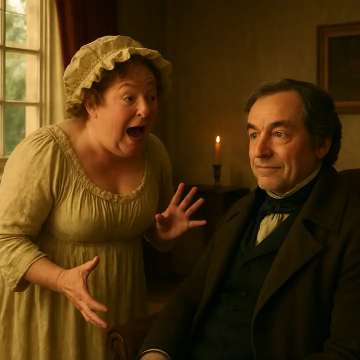 Mrs. Bennet bursts into the room, cheeks flushed and hand raised mid-gesture as she excitedly reports that Netherfield Park is let; she holds an imaginary scrap of gossip and leans forward, breathless. Opposite her, Mr. Bennet reclines in an armchair with a faint, amused smile, one eyebrow arched, delighting in her agitation and replying with dry sarcasm.
