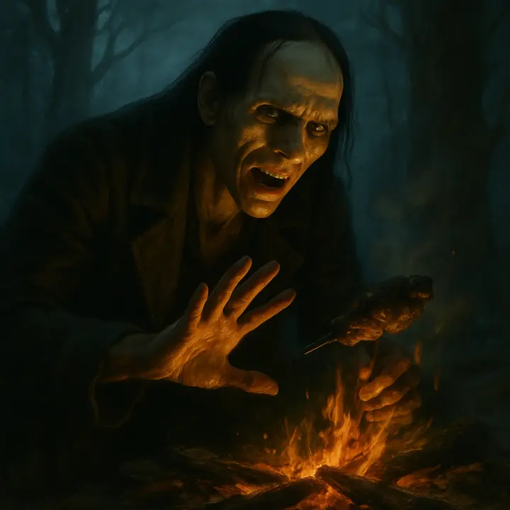 By a roadside camp the Creature discovers a smoldering fire; delight turns to shock as he thrusts a hand into embers and jerks back in pain, then studies how dry wood feeds flame and uses the heat to cook scavenged meat. The orange glow lashes his face, alternating pleasure and agony as he learns fire's savage utility.