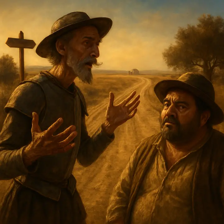 In the middle of the road Don Quixote delivers an elaborate lecture on fame and immortal deeds — gestures invoking distant Roman monuments and saintly relics — while Sancho listens, imagining chapels lit with lamps and trestles of crutches and waxen eyes. The air fills with the theatrical contrast of knightly rhetoric and the squire’s earthy, literal visions.