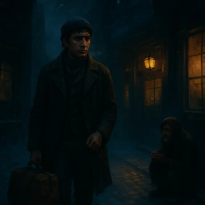 Ishmael trudges along a bitter December street, carpet-bag in hand, breath steaming in the frosty air while warm shop windows—The Crossed Harpoons, the blazing Sword-Fish—glow tempting behind him; drifting cinders swirl and a beggar crouches like Lazarus by the curb. He pauses, rubbing ice from his boots, a small solitary figure against the bleak city night, determined yet penniless.