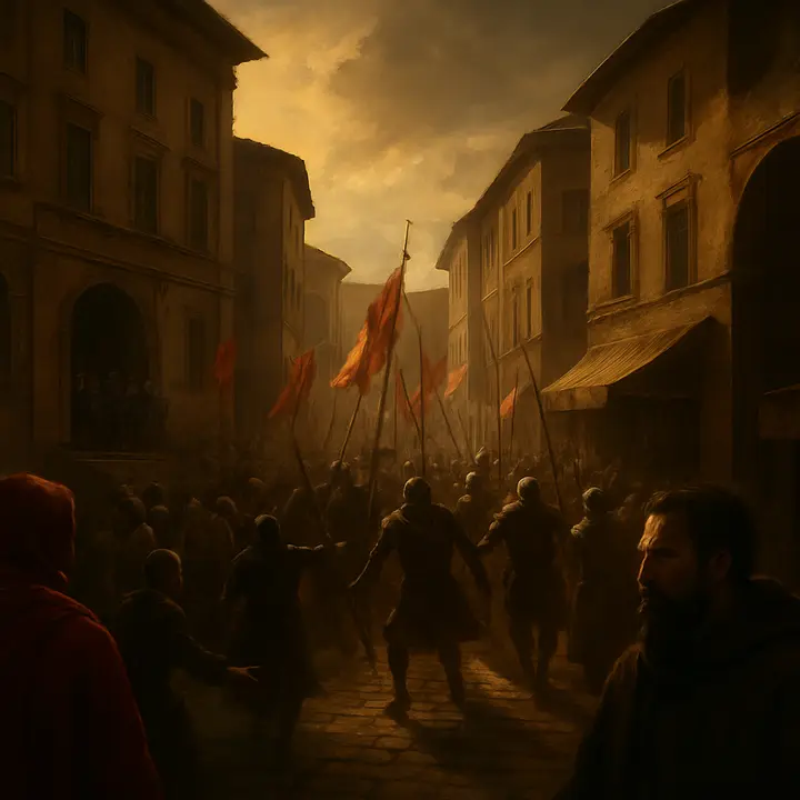 Florence erupts as the Medici return: a surging tide of banners, armored retainers, and anxious citizens floods the market streets while stunned republican officials stream from the palace steps. The scene conveys the ecstatic triumph of one party and the terrified collapse of the Republic in a single chaotic instant — flags unfurl, church bells toll, and doors to civic offices slam shut. The city itself feels complicit, its facades witnessing the end of an era.