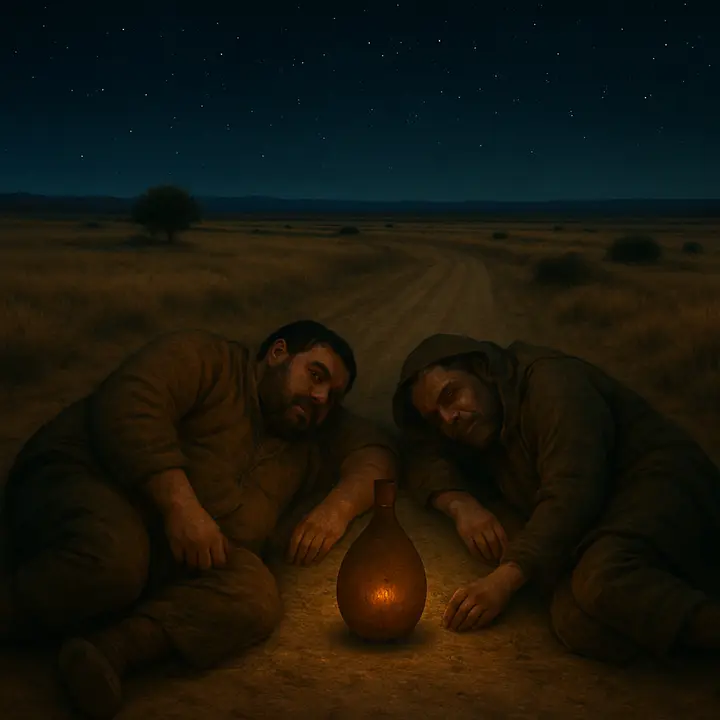 Night hangs 'dry and ropy' as both men sleep splayed on the ground, clutching the nearly empty bota between them, crumbs and half‑chewed morsels caught in their beards and mouths; the peaceful exhaustion of the moment replaces their earlier talk. The vast La Mancha sky spreads overhead, stars cold and indifferent, while the tiny human figures form a humble, tender tableau of comradeship and fatigue.