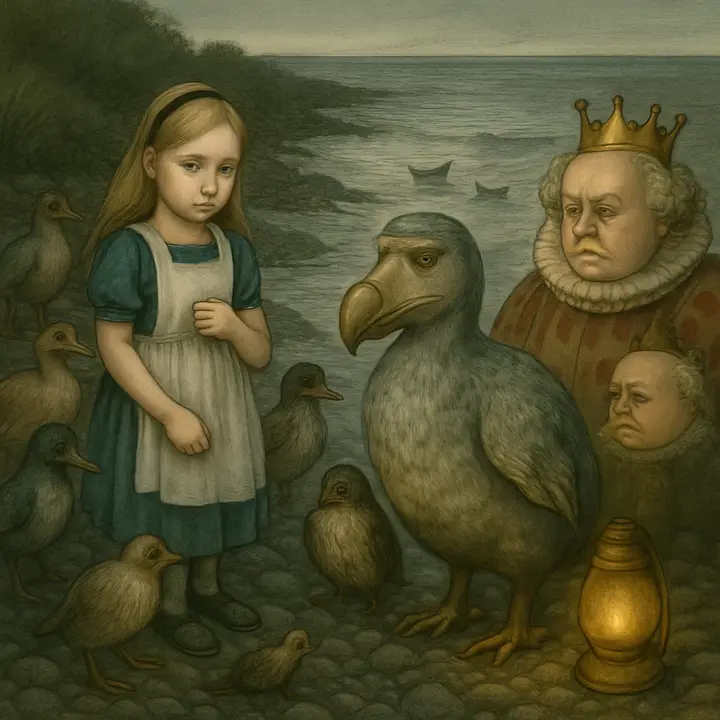 A queer-looking party assembled on the bank: birds with draggled feathers, animals with fur clinging to them, all dripping wet and looking cross and uncomfortable. Alice stands among them, small and melancholy, clutching her damp dress and looking anxiously at the other creatures.