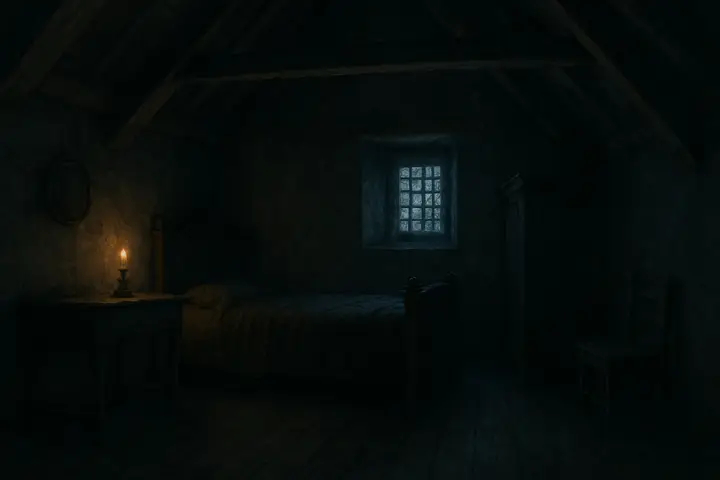 A lofty brown nursery beneath a steep oak roof, its heavy beams and three‑century‑old furniture rendered in dusky, filtered light from a small lattice; the deep, shadowed bed dominates one side, its hollowed underframe catching stray shafts of light. Dust motes drift in the still air and the narrow lattice creates stark slats of illumination that fall across worn floorboards and a solitary high canopy.