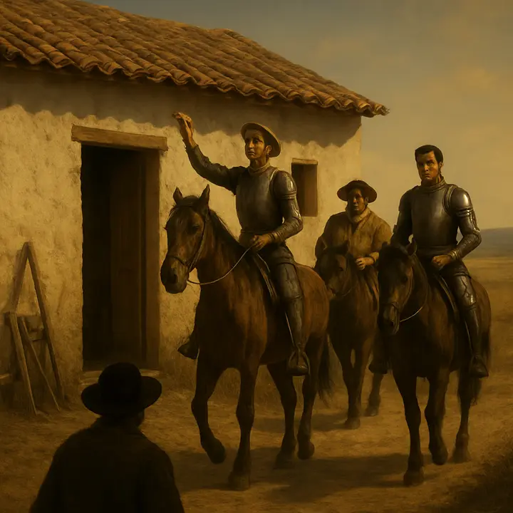 The cart moves off and Don Quixote, triumphant, declares himself henceforth the Knight of the Lions as he, Sancho and the gentleman in green set out together toward shelter. Late-afternoon light washes the trio as a small country house appears ahead and an observer watches with astonished amusement from a lane.