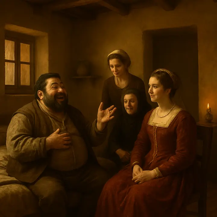 Sancho, now seated and warmed by flattery, launches into his homely wisdom and string of proverbs, puffing his chest and striking rustic gestures as the duchess and Doña Rodríguez exchange amused glances. The room fills with laughter at his blunt metaphors and simple philosophy, making the learned company melt into compassionate delight at the squire’s candor.
