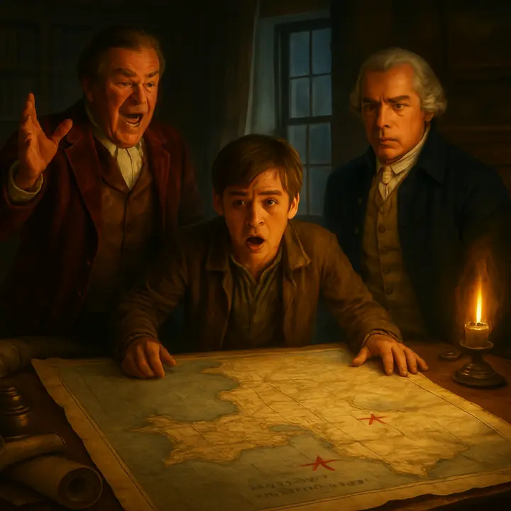 The great reveal: the map is spread out, its coastlines, soundings and three red crosses glaring; the neat script ‘Bulk of treasure here’ sits beside the southwest mark. Squire Trelawney springs to his feet in ecstatic fury, breaking his pipe against the grate, Dr. Livesey’s face alight with forced caution, and Jim Hawkins stares open‑mouthed as the room fills with greedy, feverish resolve.