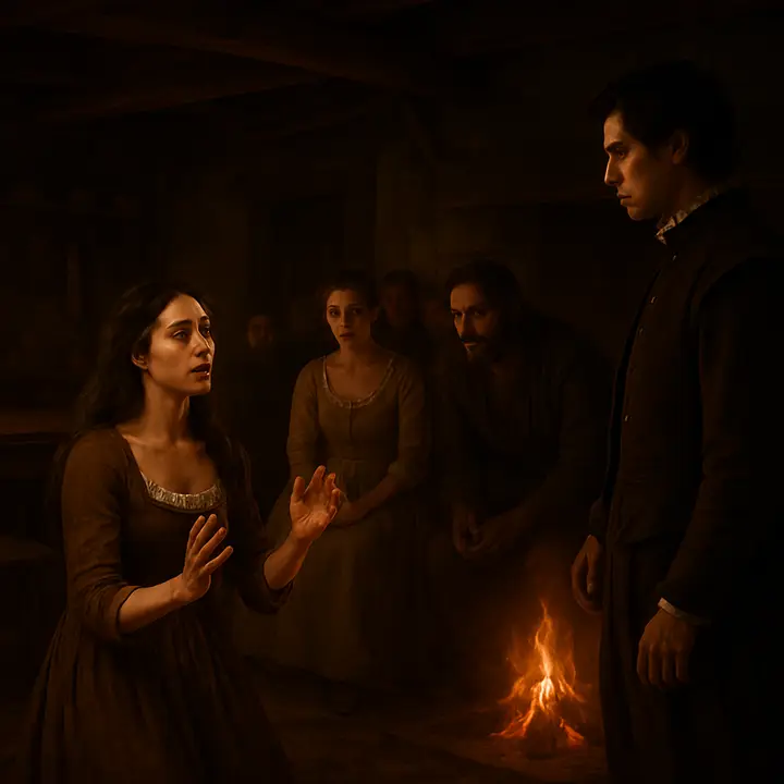 Dorotea, risen and kneeling in the center of the room, pours out her heart—tearful, angry, and imploring—declaring she has been betrayed and begging justice to spare her parents’ honor; Luscinda watches with compassion while Cardenio rushes forward to support her and the crowd murmurs, torn between outrage and pity. The atmosphere is a charged mix of accusation, feminine dignity, and mounting threat as Don Fernando listens, abashed.
