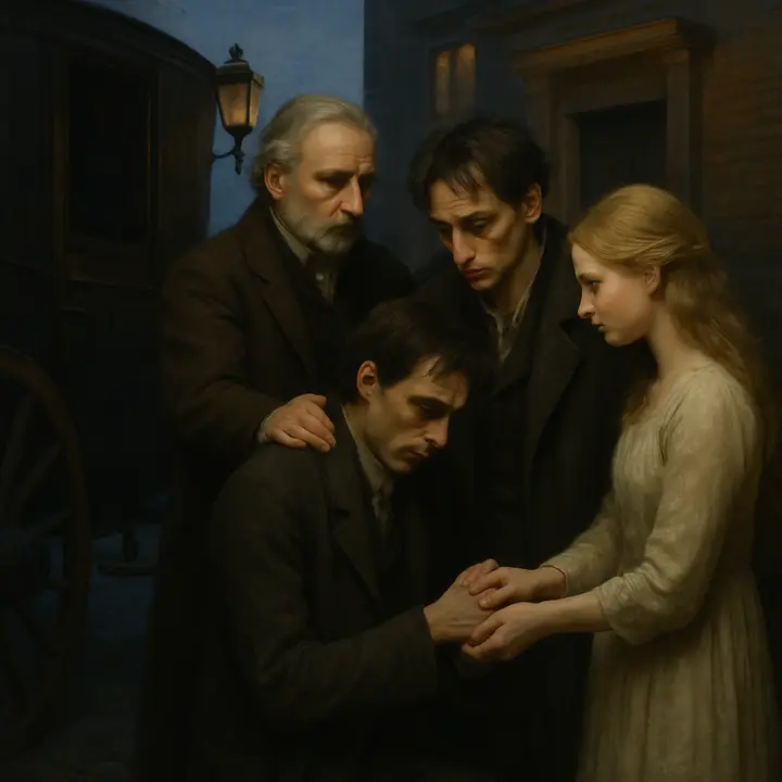A gray-dawn farewell at the family door as Victor throws himself into the chaise bound for Ingolstadt; Alphonse Frankenstein blesses him, Henry Clerval grips his hand in earnest friendship, and Elizabeth Lavenza presses last feminine attentions and entreaties upon him. The carriage, the assembled figures, and the pale morning light convey the fragile mix of departure, duty, and lingering sorrow.