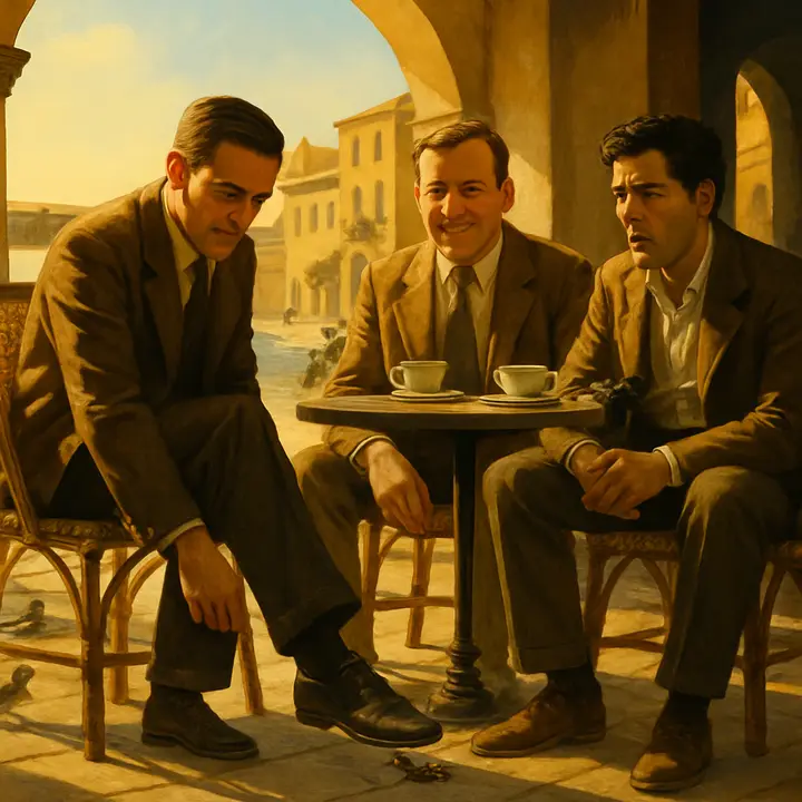 The party sits in a sun-drenched café on the square, heat shimmer on the bridge behind them as streets are being sprinkled; wicker chairs, pigeons and yellow sun‑baked houses frame the scene. Jake points out a huge cockroach on the parquet and, matter‑of‑fact, brings his shoe down on it while Bill and Cohn look on with a mix of amusement and disgust.