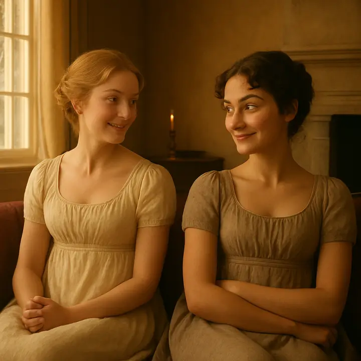 Jane and Elizabeth sit close together in a sunlit parlor at Longbourn, Jane softened and radiant as she speaks warmly of Mr. Bingley, Elizabeth leaning back with a playful, knowing smile and a raised eyebrow. The contrast between Jane’s gentle admiration and Elizabeth’s quick amusement is clear in their faces and posture—sisterly intimacy with a hint of teasing critique.