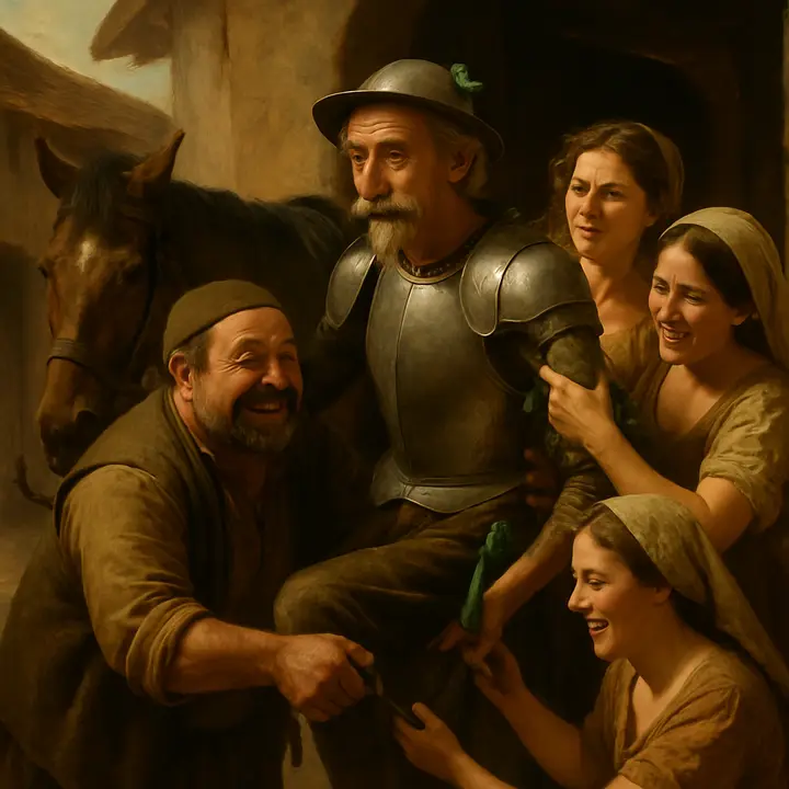 The fat innkeeper—stout, sly, and amused—steps forward to hold Quixote's stirrup as the knight clumsily dismounts; nearby, the girls begin removing battered breastplate and backpiece while failing to untie the green-ribboned make-shift helmet. The scene is a comic contrast of Quixote's lofty rhetoric and the mundane practicality of the inn: ribbons, rusty buckles, and an impatient horse in the stable.