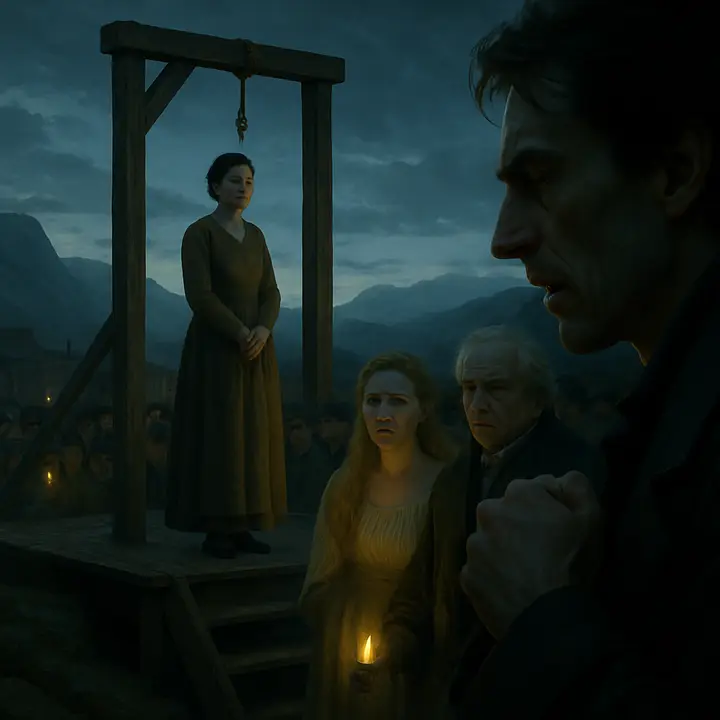The public scaffold at dawn: Justine stands calm, almost pious, accepting her fate as the crowd watches; Elizabeth and Alphonse are stricken nearby. Victor, concealed among the spectators, hides a convulsing horror — he gnashes his teeth while the sentence is carried out and the accused is led to death.
