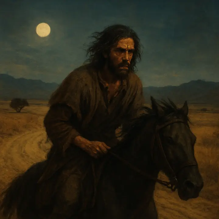 Night ride through a desolate pass: Cardenio, figure hunched and frantic, rides like a fugitive beneath a cold moon, leaving behind the lights of the forced marriage; his silhouette is a solitary black slash moving across an empty plain toward ragged mountains. The image conveys fury, shame and the beginning of a collapse into madness.
