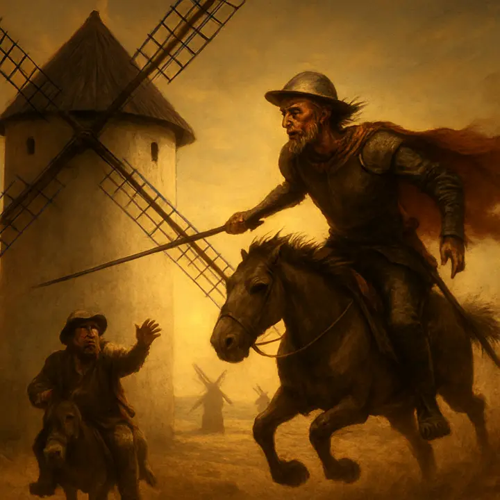 Don Quixote, lance leveled and cape snapping, charges a towering windmill whose giant sail is frozen mid-rotation; Rocinante strains beneath him, while Sancho Panza trails behind on his donkey, arms flailing and face a mix of alarm and loyalty. The sun sinks low over the La Mancha plains, casting long shadows and a dusty haze that turns the moment into an epic, tragic-heroic tableau of misperception and bravery.