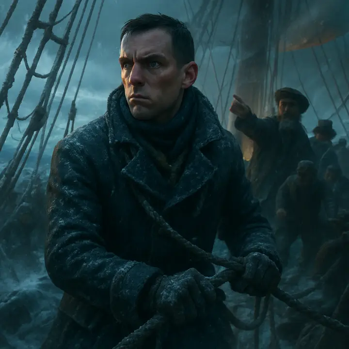 A younger Walton labors on the icy, heaving deck of a Greenland whaler, ropes and frozen salt spray clinging to his coat as sailors bustle around him; he stands resolute despite cold and exhaustion. The ship's captain, off-frame or implied, gestures toward him in approval—the instant the offer of the ship's second dignity is made—Walton's face flushes with quiet pride and hard-won triumph.
