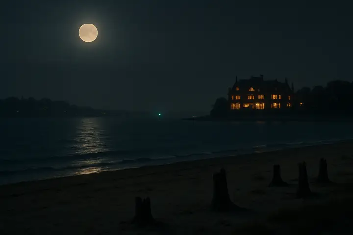 A moonlit sweep across the Sound: a distant green light on a far dock glows faintly, its color a lonely point across the water while a ghostly ferry light slides on the horizon. The beach is empty and wind-scoured, stumps of vanished trees black against the sky, the shore and sea stretching cold and indifferent.