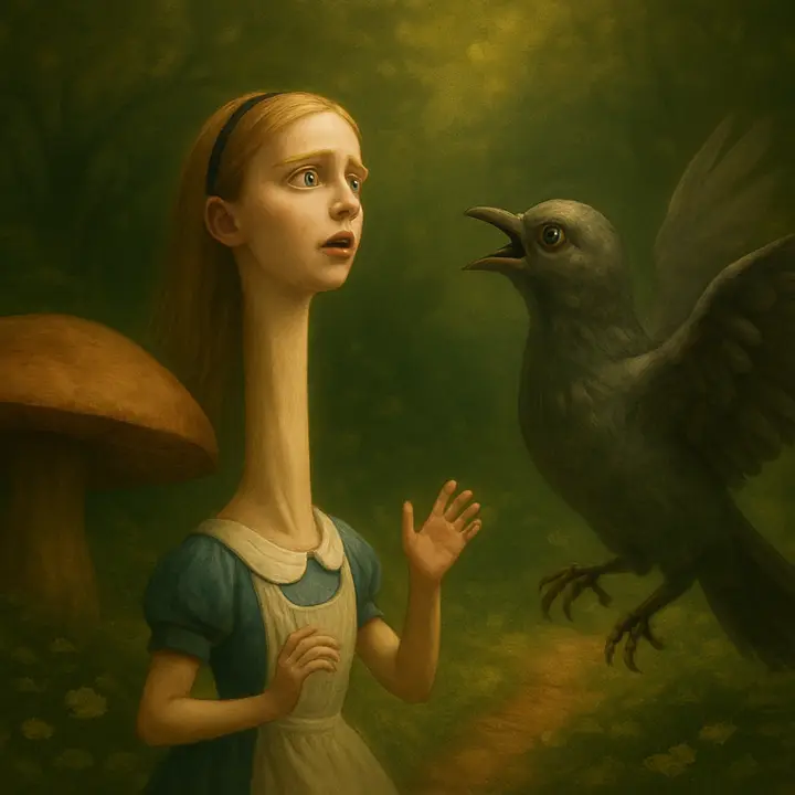 Alice has broken off two bits of the mushroom and eats one — in an instant her legs fold, her body shrinks and then her neck elongates impossibly, rising like a pale stalk above a sea of green treetops; a large pigeon swoops in, wings beating, face to face with Alice’s towering head, shrieking ‘Serpent!’ while Alice recoils, indignantly defending herself.