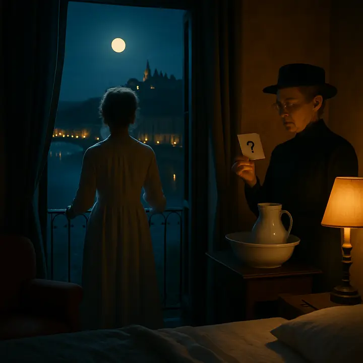 Late at night Lucy, sleepless, throws open her Arno-facing window and drinks in the silvered sweep of the Arno, San Miniato's cypresses and the moonlit Apennines — a wash of Florentine light and calm. Nearby, Miss Bartlett in her own room discovers and unpins a small paper bearing a huge question-mark above the washstand and holds it with a puzzled, protective air, an uneasy counterpoint to Lucy's rapture. The composition should place serene external beauty against a small private omen.