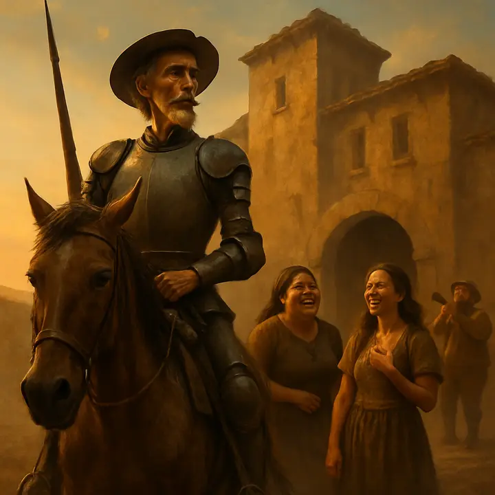 Toward nightfall an ordinary roadside inn rises like a glittering castle in his imagination; Don Quixote, in full armour, rides up to two laughing local girls at the door while, in the background, a swineherd blasts his reed and fills the air with a comically triumphant fanfare that Quixote reads as a heralding trumpet. The inn's tumble-down façade looms like turrets in Quixote's mind as he straightens proudly on Rocinante.