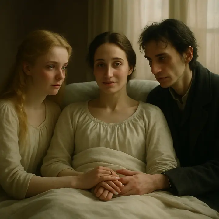 The deathbed tableau: Caroline Beaufort Frankenstein calm and dignified, seated between Elizabeth and Victor, taking their hands and speaking her last consolations as sunlight weakly filters through the curtained window. Their faces register stunned grief and a fragile attempt at composure as she smiles serenely, preparing them for life without her.