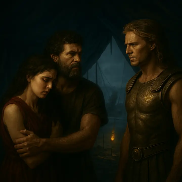 Inside Achilles' tent, Patroclus, gentle and resolute, leads away the weeping Briseis while Achilles stands silent and seething, every muscle taut with wounded pride. The lamp-lit interior contrasts with the helpless intimacy of the loss — a beloved prize torn from the hero's grasp.
