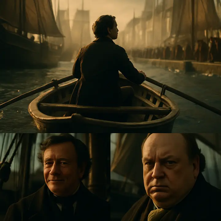Dantès in the skiff rows toward La Canebière, radiant with gratitude and hope after Morrel's promise; Morrel watches him go from the ship, smiling, while Danglars lingers behind, furtively watching the young sailor's retreat with thinly veiled malice. The bustling quay and sunlit crowd swallow the skiff as differing futures loom.