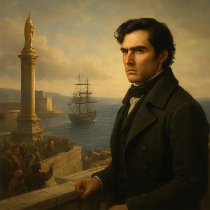 From the height of the basilica a solitary lookout points and waves as the three‑masted Pharaon creeps into the harbor; the ship cuts a dark, stately silhouette against the low winter light with Fort Saint‑Jean and the Château d’If crowded with onlookers. On deck a young Edmond Dantes, tall and composed, stands near the tiller, calm amid sailors and the murmuring crowd below.