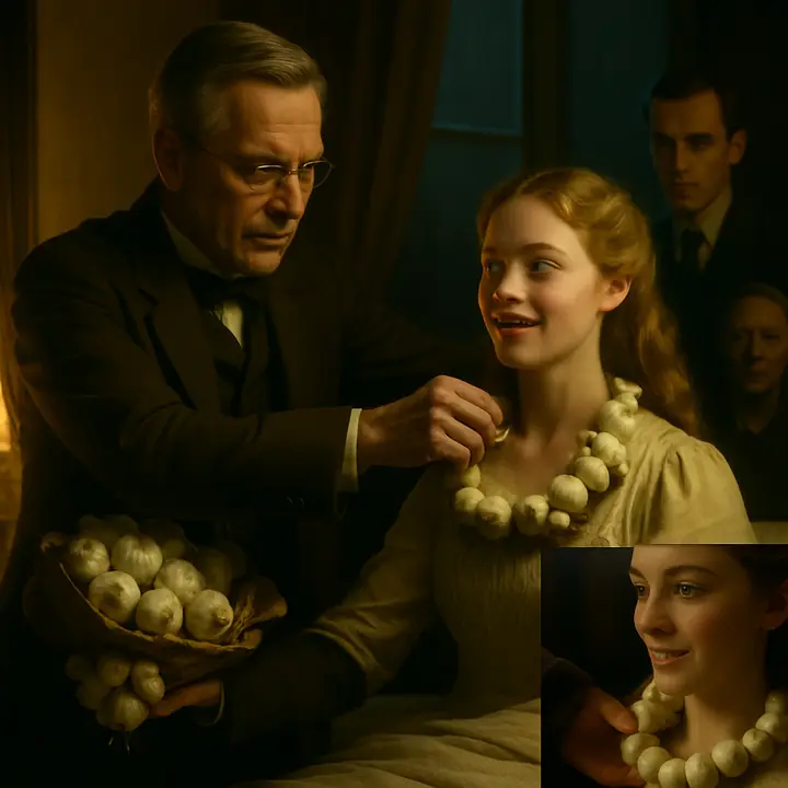 Van Helsing, triumphant and practical, reveals a great parcel of white bulbs — a wreath and bunches of garlic — then methodically fastens windows and doors, rubbing garlic into sashes and jambs and finally hanging a garlicky wreath about Lucy’s neck with a stern warning. Lucy laughs nervously, calling them common garlic, while Seward watches, torn between hope and dread as Van Helsing departs confident.