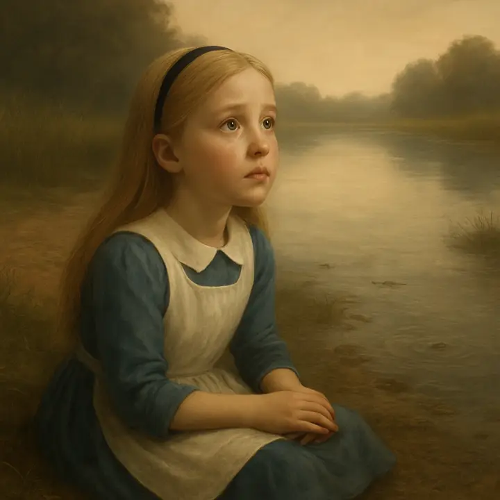 All the birds and animals have fled; Alice sits alone on the empty, sinking light of the bank, cheeks wet with tears and a small solemn puddle gathering at her feet. She looks up, eyes bright with a sudden fragile hope as distant, tiny pattering footsteps approach from the dim riverside.
