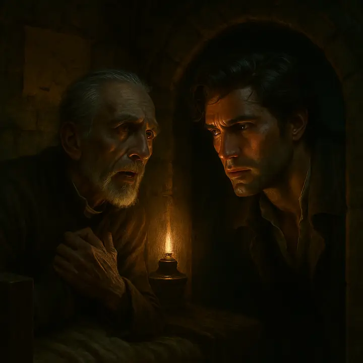 At night Edmond, roused by a plaintive cry, drags up the hidden stone and slips through the secret passage into Faria’s dungeon. By the wavering lamp he finds the pale, agony-stricken Abbé Faria clinging to the bedstead, his features contorted as he murmurs Edmond’s name.