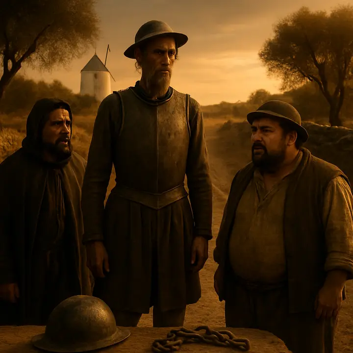 After the melee Don Quixote gathers the liberated men and commands them, with knightly gravity, to carry a message to Dulcinea del Toboso; Ginés answers scornfully that none of them will trudge together to El Toboso, mocking the notion and refusing the chivalrous errand.