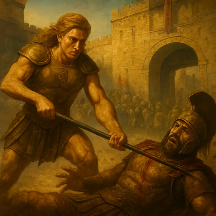 On the plain before the walls of Troy, Achilles drives his spear into Hector as Hector falls in a last, bewildered defiance; Trojan watchers crowd the citadel walls behind, and the city gates frame the slaughtered hero's body. The scene is the fatal climax of their duel — the instant of violent, tragic reversal.